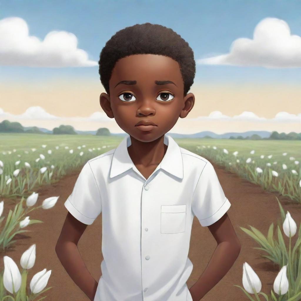 A touching 2D cartoon depiction of a young African American boy, dressed in all white, working hard on a field. His sad expression, a mirror of the trying circumstances he's enduring.