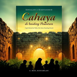 A captivating book cover design featuring the theme 'Cahaya di Balik Dinding Pesantren' (Light Behind the Walls of the Islamic Boarding School)