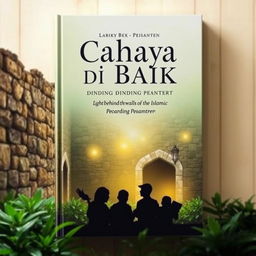 A captivating book cover design featuring the theme 'Cahaya di Balik Dinding Pesantren' (Light Behind the Walls of the Islamic Boarding School)