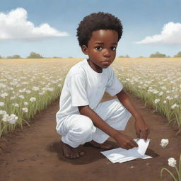 A touching 2D cartoon depiction of a young African American boy, dressed in all white, working hard on a field. His sad expression, a mirror of the trying circumstances he's enduring.