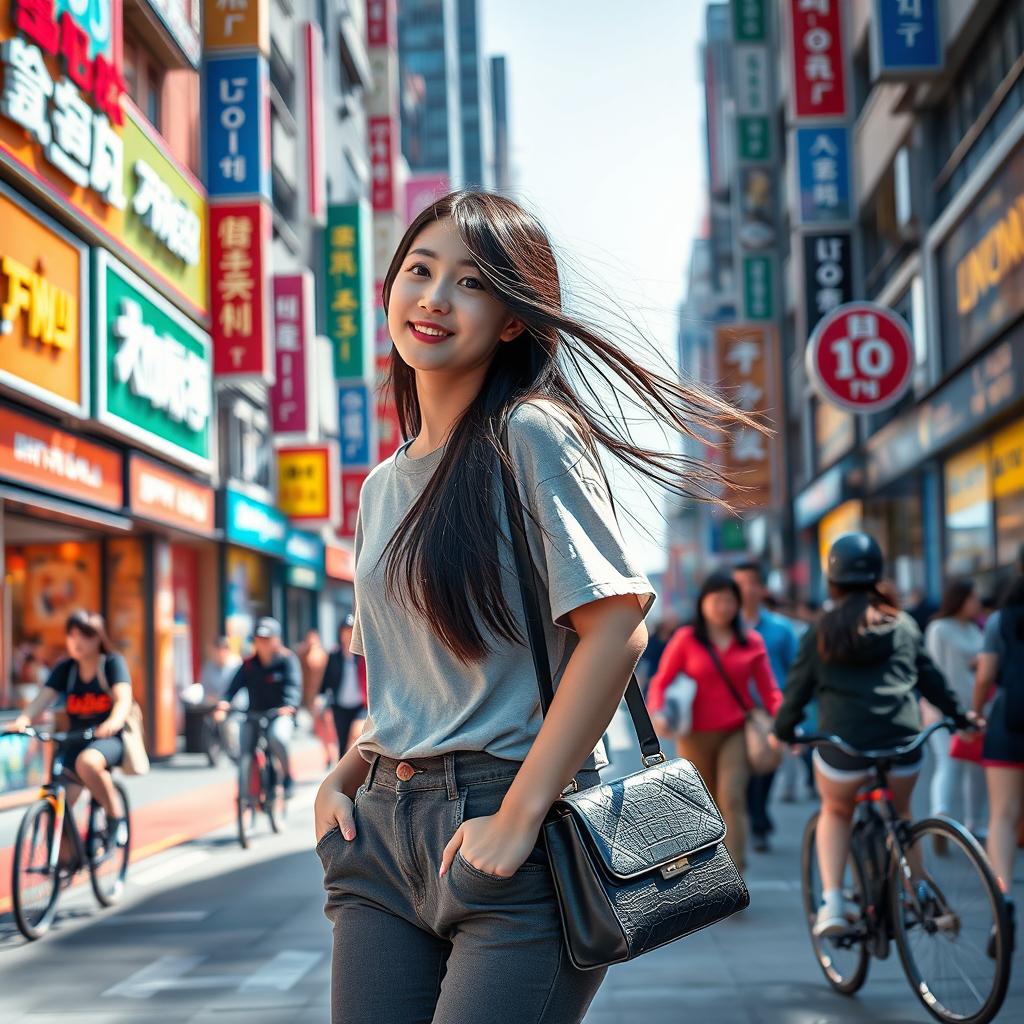 A vibrant and lively scene of a young Korean girl walking through a bustling city