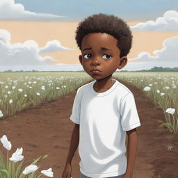 A touching 2D cartoon depiction of a young African American boy, dressed in all white, working hard on a field. His sad expression, a mirror of the trying circumstances he's enduring.