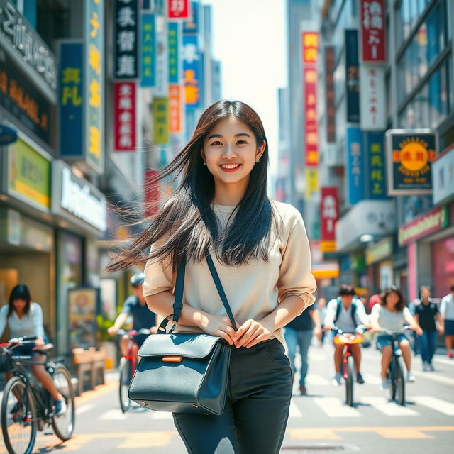 A vibrant and lively scene of a young Korean girl walking through a bustling city