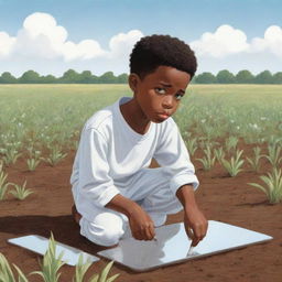 A touching 2D cartoon depiction of a young African American boy, dressed in all white, working hard on a field. His sad expression, a mirror of the trying circumstances he's enduring.