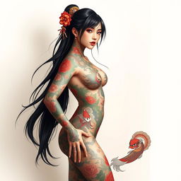 A striking and artistic portrayal of a beautiful Japanese girl with long, flowing hair, completely adorned in a full body suit of intricate tattoos