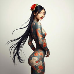 A striking and artistic portrayal of a beautiful Japanese girl with long, flowing hair, completely adorned in a full body suit of intricate tattoos