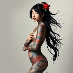 A striking and artistic portrayal of a beautiful Japanese girl with long, flowing hair, completely adorned in a full body suit of intricate tattoos