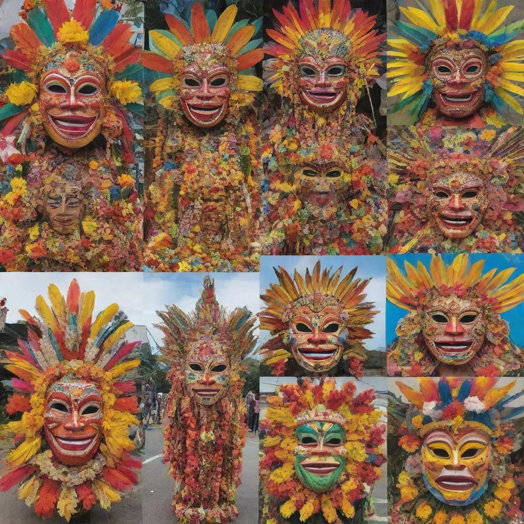 A collage featuring designs and symbols unique to various Philippine festivals such as the Ati-Atihan's tribal masks, Sinulog's Sto. Niño figurine, Pahiyas' colorful agriculture displays, and Kadayawan's vibrant floral floats.