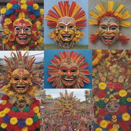A collage featuring designs and symbols unique to various Philippine festivals such as the Ati-Atihan's tribal masks, Sinulog's Sto. Niño figurine, Pahiyas' colorful agriculture displays, and Kadayawan's vibrant floral floats.