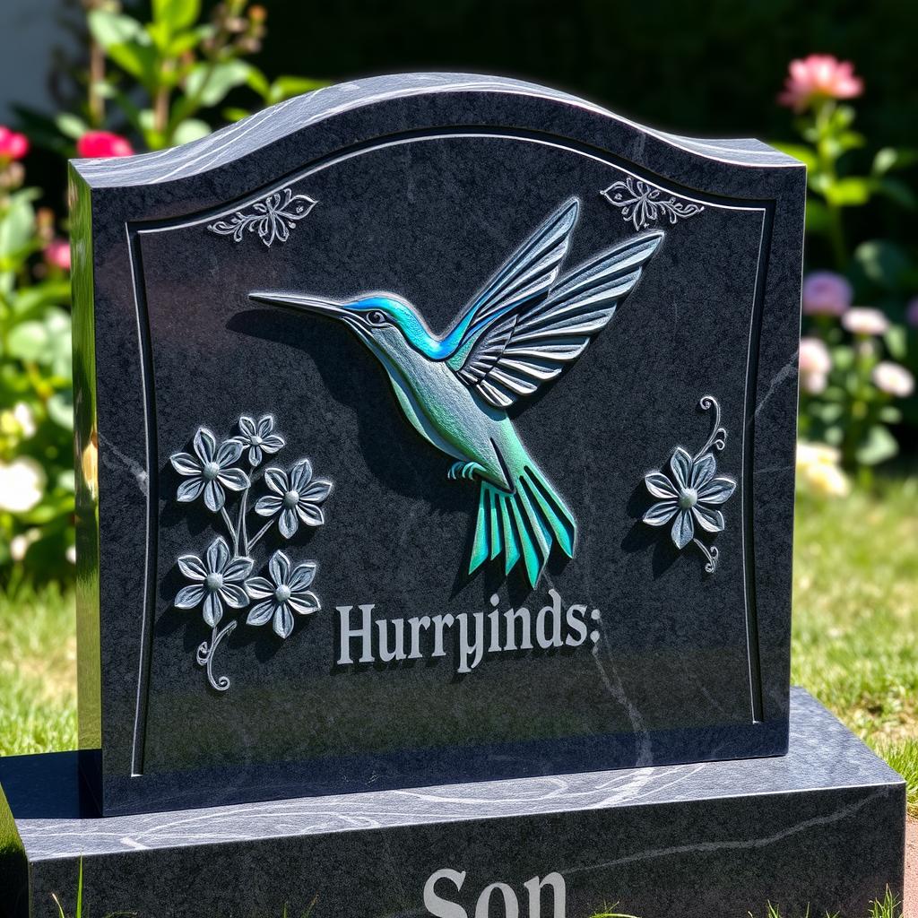 A beautifully crafted custom headstone featuring an intricate design of a hummingbird