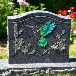 A beautifully crafted custom headstone featuring an intricate design of a hummingbird