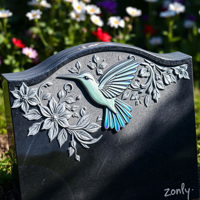 A beautifully crafted custom headstone featuring an intricate design of a hummingbird