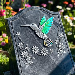 A beautifully crafted custom headstone featuring an intricate design of a hummingbird