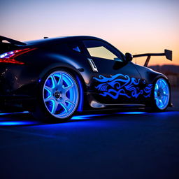 A Nissan 350Z sports car with striking white wheels, illuminated with blue LED lights under the chassis