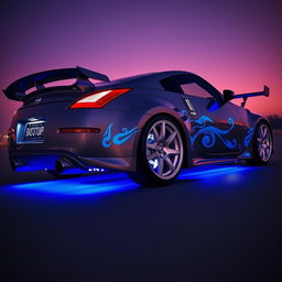 A Nissan 350Z sports car with striking white wheels, illuminated with blue LED lights under the chassis