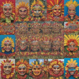 A collage featuring designs and symbols unique to various Philippine festivals such as the Ati-Atihan's tribal masks, Sinulog's Sto. Niño figurine, Pahiyas' colorful agriculture displays, and Kadayawan's vibrant floral floats.