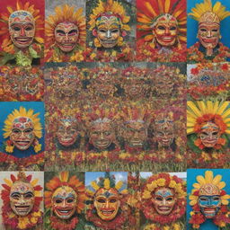 A collage featuring designs and symbols unique to various Philippine festivals such as the Ati-Atihan's tribal masks, Sinulog's Sto. Niño figurine, Pahiyas' colorful agriculture displays, and Kadayawan's vibrant floral floats.