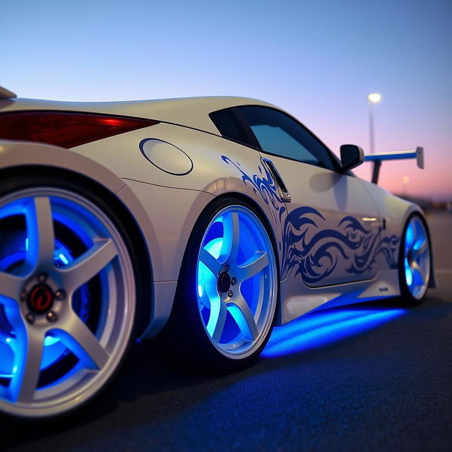 A Nissan 350Z sports car with striking white wheels, illuminated with blue LED lights under the chassis