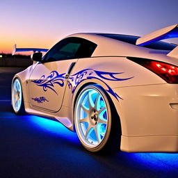 A Nissan 350Z sports car with striking white wheels, illuminated with blue LED lights under the chassis