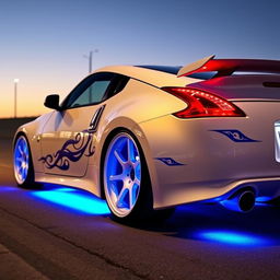 A Nissan 350Z sports car featuring stunning white TE37 wheels, illuminated with blue LED lights underneath the chassis