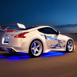 A Nissan 350Z sports car featuring stunning white TE37 wheels, illuminated with blue LED lights underneath the chassis