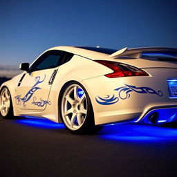 A Nissan 350Z sports car featuring stunning white TE37 wheels, illuminated with blue LED lights underneath the chassis