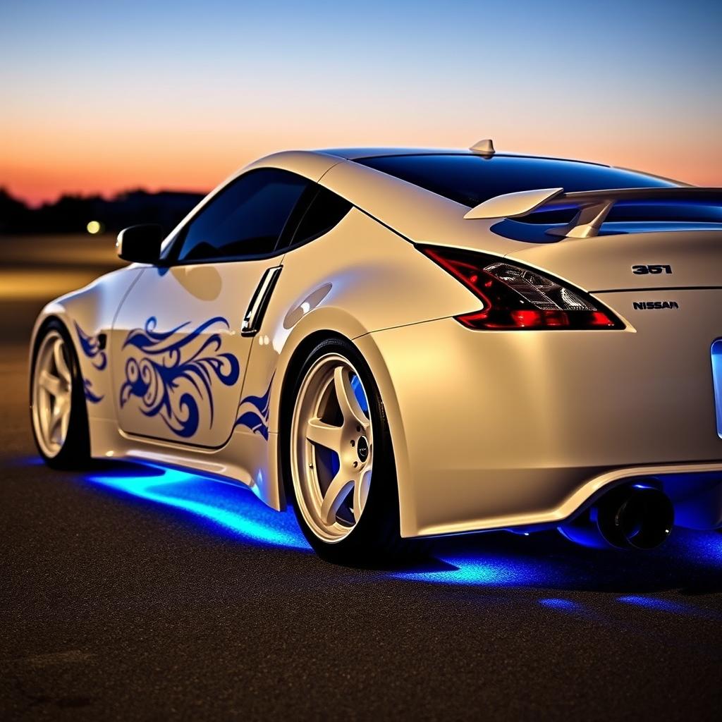 A Nissan 350Z sports car featuring stunning white TE37 wheels, illuminated with blue LED lights underneath the chassis