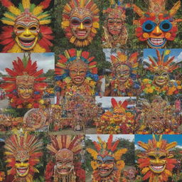 A collage featuring designs and symbols unique to various Philippine festivals such as the Ati-Atihan's tribal masks, Sinulog's Sto. Niño figurine, Pahiyas' colorful agriculture displays, and Kadayawan's vibrant floral floats.