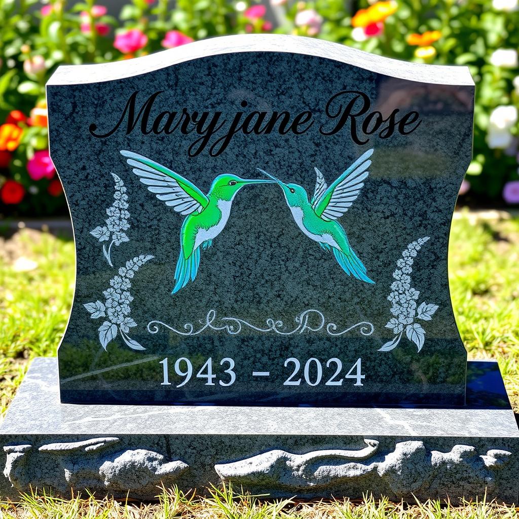 A beautifully crafted custom headstone featuring an intricate design of a hummingbird alongside the engraved words 'Maryjane Rose 1943 - 2024'