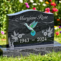 A beautifully crafted custom headstone featuring an intricate design of a hummingbird alongside the engraved words 'Maryjane Rose 1943 - 2024'