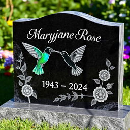 A beautifully crafted custom headstone featuring an intricate design of a hummingbird alongside the engraved words 'Maryjane Rose 1943 - 2024'