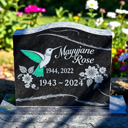 A beautifully crafted custom headstone featuring an intricate design of a hummingbird alongside the engraved words 'Maryjane Rose 1943 - 2024'