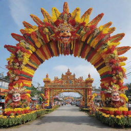 An elaborate arch design that features symbols and elements from various Philippine festivals. Incorporate tribal masks from Ati-Atihan, a Sto. Niño figurine from Sinulog, vivid agriculture displays from Pahiyas, and vibrant floral floats from Kadayawan.