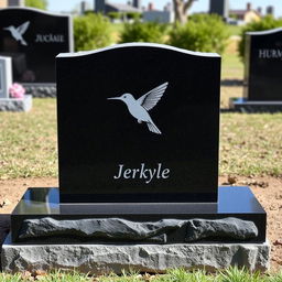 A simple headstone design crafted from plain rectangular black granite, featuring a delicately engraved single hummingbird, in a serene and respectful manner, highlighting the beauty of nature in remembrance