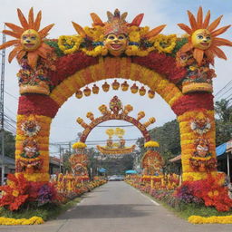 An elaborate arch design that features symbols and elements from various Philippine festivals. Incorporate tribal masks from Ati-Atihan, a Sto. Niño figurine from Sinulog, vivid agriculture displays from Pahiyas, and vibrant floral floats from Kadayawan.