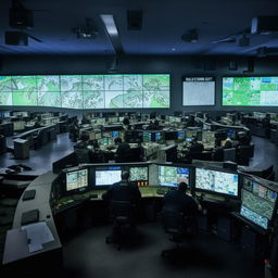 The expansive desk in the SWAT Control Room, filled with numerous screens displaying real-time data, strategic maps, and intricate communications equipment.