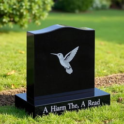 A simple headstone design crafted from plain rectangular black granite, featuring a delicately engraved single hummingbird, in a serene and respectful manner, highlighting the beauty of nature in remembrance