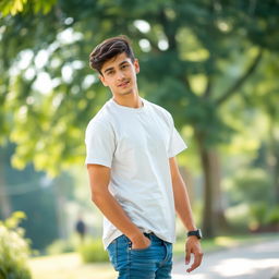 A young man wearing a white t-shirt and blue jeans, standing casually with a confident expression