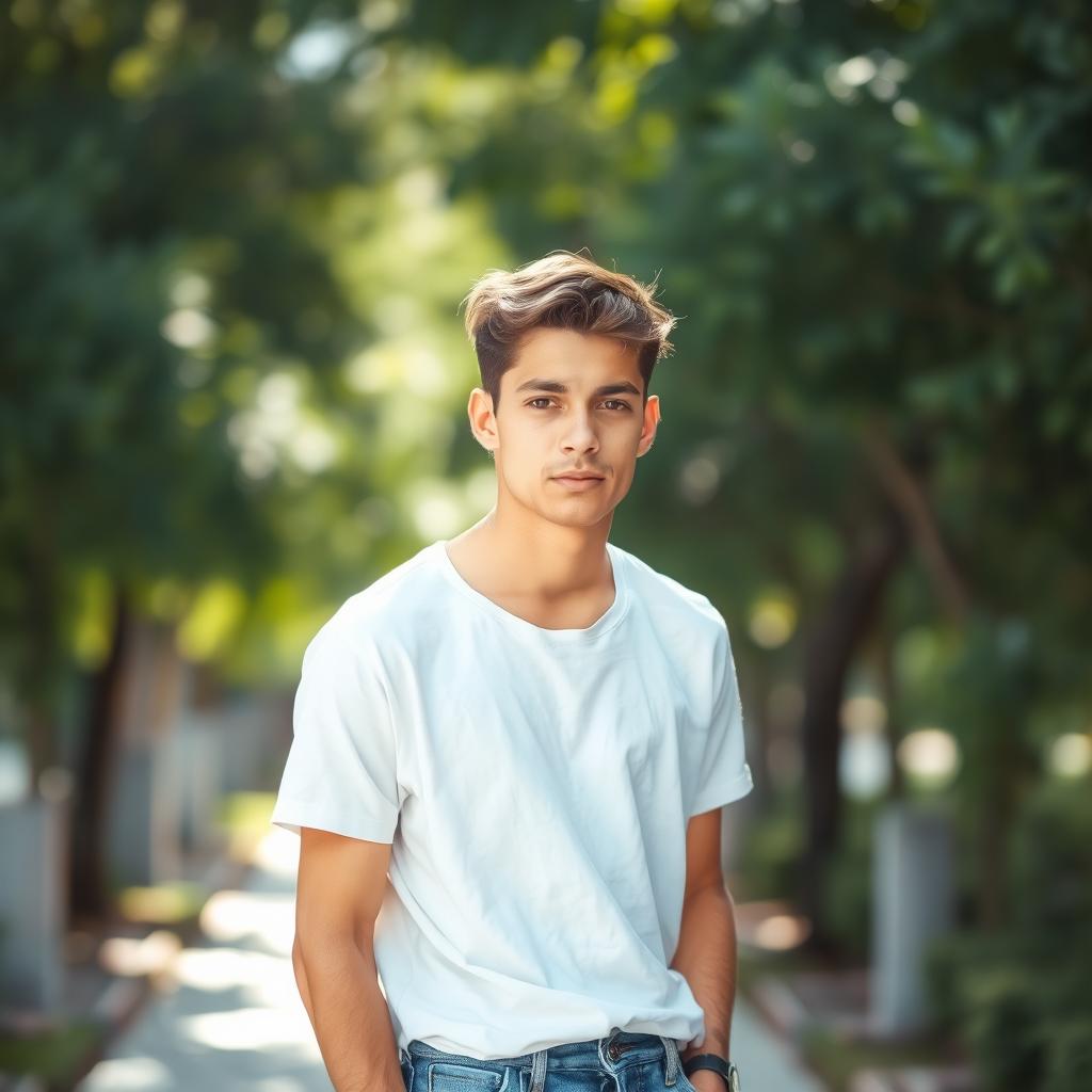 A young man wearing a white t-shirt and blue jeans, standing casually with a confident expression