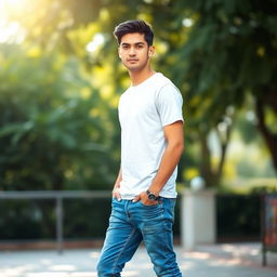 A young man wearing a white t-shirt and blue jeans, standing casually with a confident expression