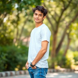 A young man wearing a white t-shirt and blue jeans, standing casually with a confident expression