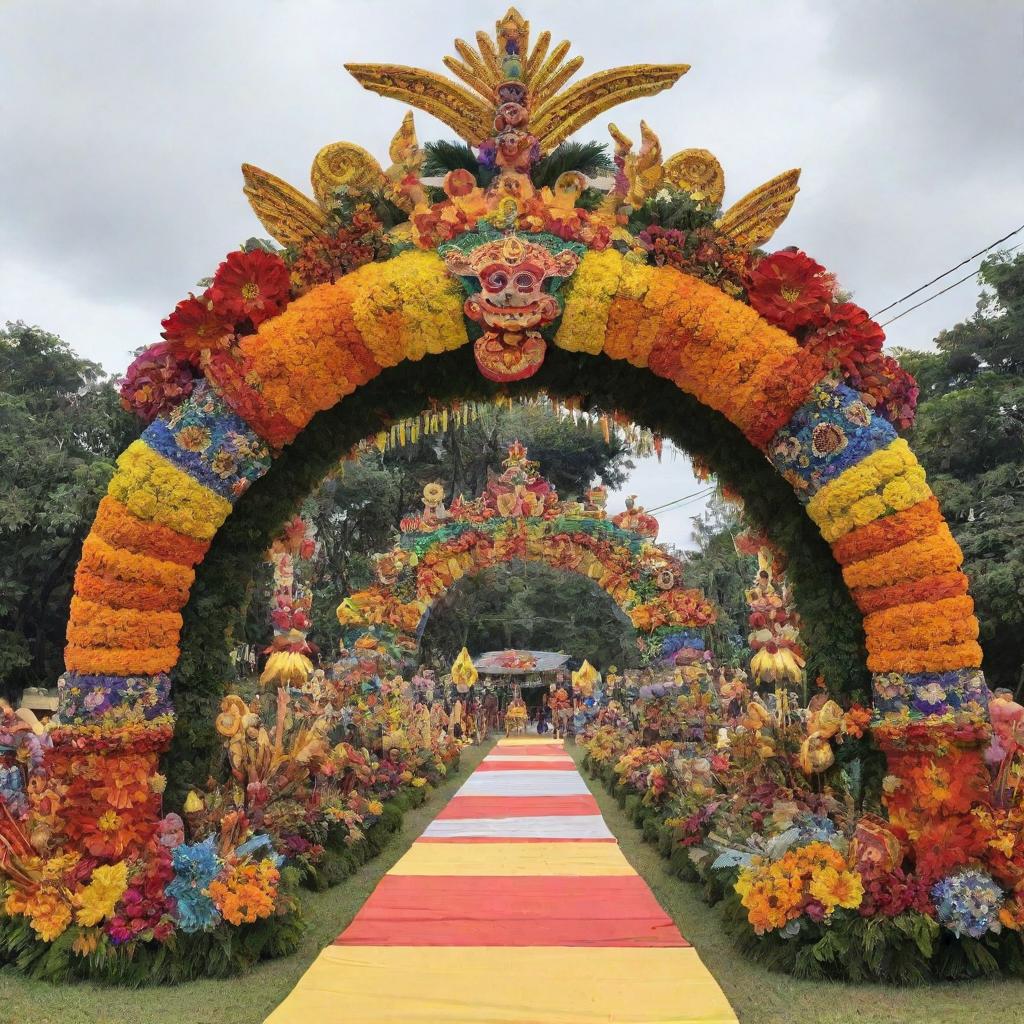 An elaborate arch design that features symbols and elements from various Philippine festivals. Incorporate tribal masks from Ati-Atihan, a Sto. Niño figurine from Sinulog, vivid agriculture displays from Pahiyas, and vibrant floral floats from Kadayawan.