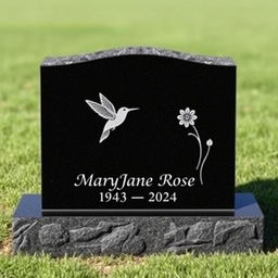 A simple, plain rectangular black granite headstone featuring an elegantly engraved single hummingbird and a delicate flower