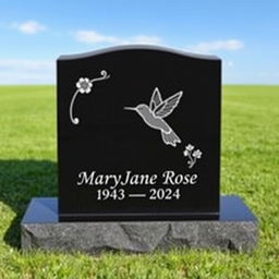 A simple, plain rectangular black granite headstone featuring an elegantly engraved single hummingbird and a delicate flower