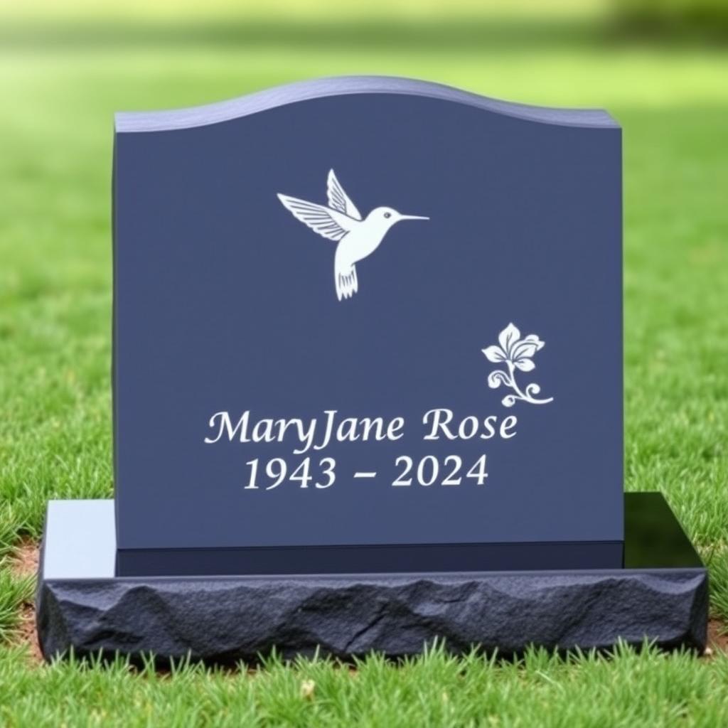 A simple, plain rectangular black granite headstone featuring an elegantly engraved single hummingbird and a delicate flower