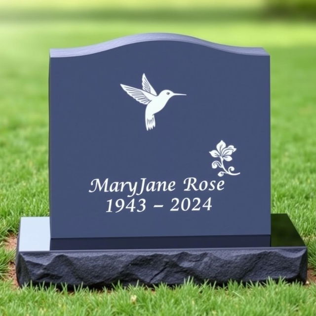 A simple, plain rectangular black granite headstone featuring an elegantly engraved single hummingbird and a delicate flower