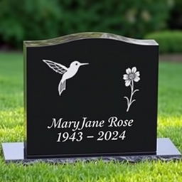 A simple, plain rectangular black granite headstone featuring an elegantly engraved single hummingbird and a delicate flower