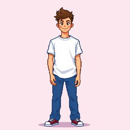 A pixel art style illustration of a young man wearing a white t-shirt and blue jeans