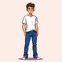 A pixel art style illustration of a young man wearing a white t-shirt and blue jeans