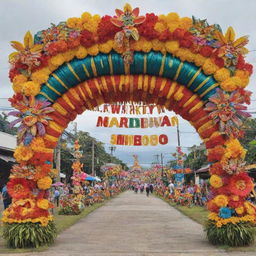 An elaborate arch design that features symbols and elements from various Philippine festivals. Incorporate tribal masks from Ati-Atihan, a Sto. Niño figurine from Sinulog, vivid agriculture displays from Pahiyas, and vibrant floral floats from Kadayawan.